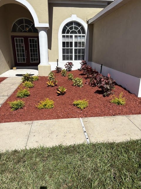 After: entry bed with fresh red mulch and new plants