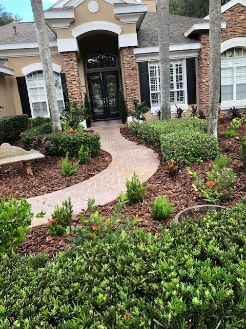 Brick walkway lined with fresh mulch beds and flowering shrubs